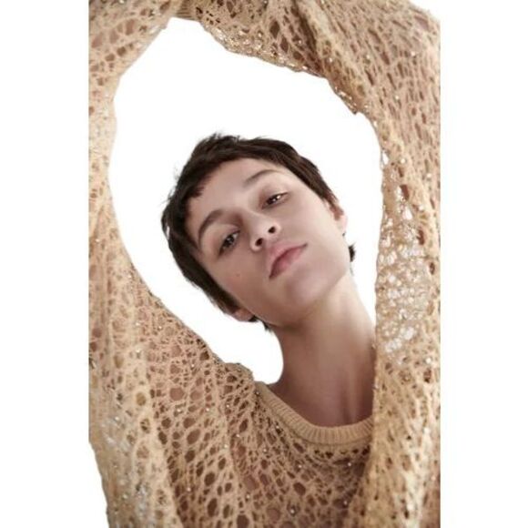 NWT Zara Open Knit Metallic Pompom Sweater Beige Gold Size - Picture 3 of 15